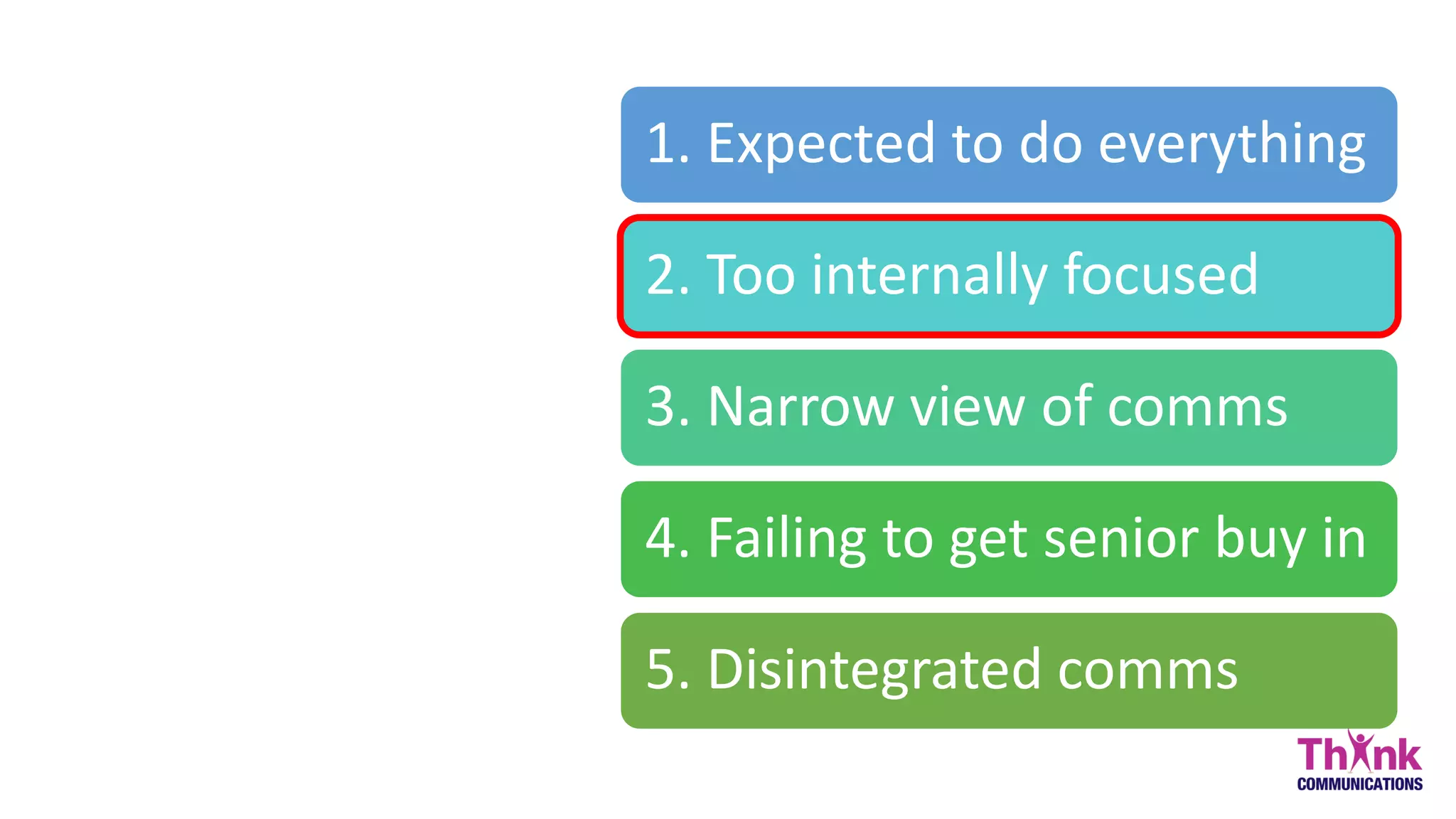 ORGANISATIONAL
PITFALLS
1. Expected to do everything
2. Too internally focused
3. Narrow view of comms
4. Failing to get senior buy in
5. Disintegrated comms
 