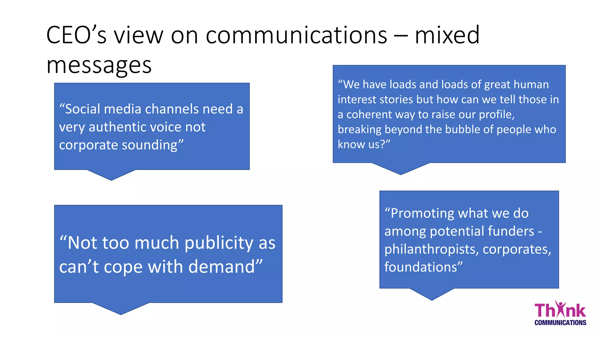 CEO’s view on communications – mixed
messages
“Promoting what we do
among potential funders -
philanthropists, corporates,
foundations”
“We have loads and loads of great human
interest stories but how can we tell those in
a coherent way to raise our profile,
breaking beyond the bubble of people who
know us?”
“Social media channels need a
very authentic voice not
corporate sounding”
“Not too much publicity as
can’t cope with demand”
 