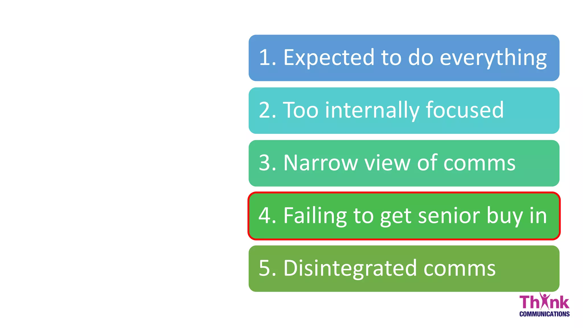 ORGANISATIONAL
PITFALLS
1. Expected to do everything
2. Too internally focused
3. Narrow view of comms
4. Failing to get senior buy in
5. Disintegrated comms
 