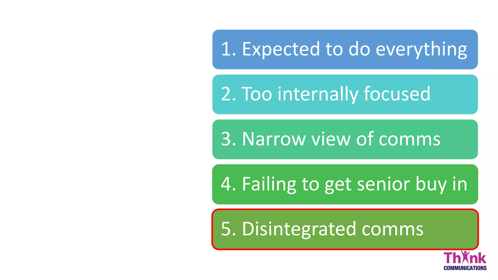ORGANISATIONAL
PITFALLS
1. Expected to do everything
2. Too internally focused
3. Narrow view of comms
4. Failing to get senior buy in
5. Disintegrated comms
 