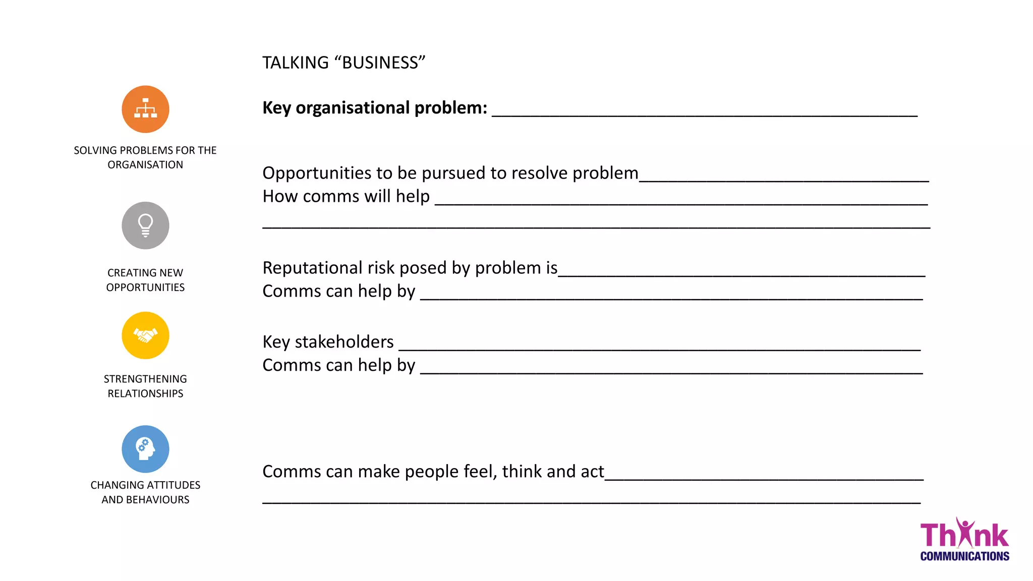 SOLVING PROBLEMS FOR THE
ORGANISATION
CREATING NEW
OPPORTUNITIES
STRENGTHENING
RELATIONSHIPS
CHANGING ATTITUDES
AND BEHAVIOURS
Key organisational problem: ____________________________________________
Opportunities to be pursued to resolve problem______________________________
How comms will help ___________________________________________________
_____________________________________________________________________
Key stakeholders ______________________________________________________
Comms can help by ____________________________________________________
Comms can make people feel, think and act_________________________________
____________________________________________________________________
TALKING “BUSINESS”
Reputational risk posed by problem is______________________________________
Comms can help by ____________________________________________________
 