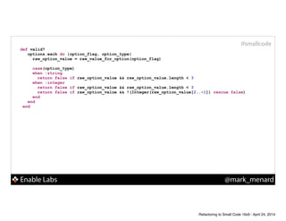 Enable Labs @mark_menard
#smallcode
def valid?
options.each do |option_flag, option_type|
raw_option_value = raw_value_for_option(option_flag)
!
case(option_type)
when :string
return false if raw_option_value && raw_option_value.length < 3
when :integer
return false if raw_option_value && raw_option_value.length < 3
return false if raw_option_value && !(Integer(raw_option_value[2..-1]) rescue false)
end
end
end
Refactoring to Small Code 16x9 - April 24, 2014
 
