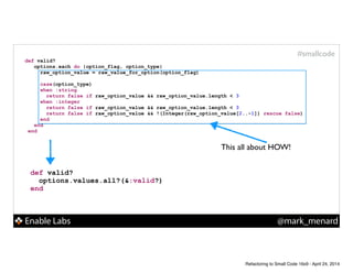 Enable Labs @mark_menard
#smallcode
def valid?
options.values.all?(&:valid?)
end
def valid?
options.each do |option_flag, option_type|
raw_option_value = raw_value_for_option(option_flag)
!
case(option_type)
when :string
return false if raw_option_value && raw_option_value.length < 3
when :integer
return false if raw_option_value && raw_option_value.length < 3
return false if raw_option_value && !(Integer(raw_option_value[2..-1]) rescue false)
end
end
end
This all about HOW!
Refactoring to Small Code 16x9 - April 24, 2014
 