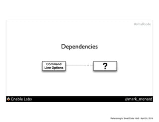 Enable Labs @mark_menard
#smallcode
Dependencies
Command
Line Options ?*
Refactoring to Small Code 16x9 - April 24, 2014
 