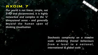 Our world is not linear, simple, not
3/4D and disconnected, it is highly
networked and complex in the ’n’
dimensional sense - and generally
beyond the human span of
thinking visualisation
AXO I M 7
Stochastic complexity on a massive
scale exhibiting fractal behaviours
f ro m a l o c a l t o a n a t i o n a l ,
international & global scale
 