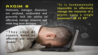 Politicians, manager, financiers
are confused, confounded and
generally lack the ability to
effectively manage resources and
make long term decisions.
AXO I M 8
“ I t i s f u n d a m e n t a l l y
impossible to effectively
manage the resources of a
p l a n e t u s i n g a s i n g l e
parameter: $$ ££ €€”
“ T h e y n e e d A I
support based on
effective and tested
models”
 