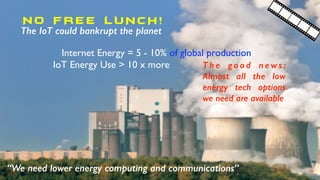 N O F R E E L U N C H!
The IoT could bankrupt the planet
Internet Energy = 5 - 10% of global production
IoT Energy Use > 10 x more
“We need lower energy computing and communications”
T h e g o o d n e w s :
Almost all the low
energy tech options
we need are available
 