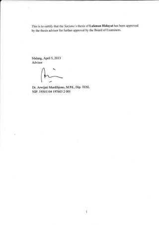 This is to certifu that the Sarjana's thesis of Lukman Hidayat has been approved
by the thesis advisor for further approval by the Board of Examiners.

Malang, April 5,2013
Advisor

Dr. Arwijati Murdibjono, M.Pd., Dip. TESL
NIP. 19501104197603 2 007

 