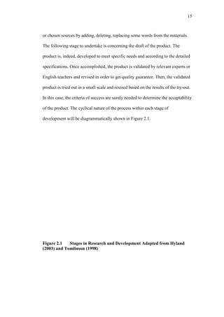 15

or chosen sources by adding, deleting, replacing some words from the materials.
The following stage to undertake is concerning the draft of the product. The
product is, indeed, developed to meet specific needs and according to the detailed
specifications. Once accomplished, the product is validated by relevant experts or
English teachers and revised in order to get quality guarantee. Then, the validated
product is tried out in a small scale and revised based on the results of the try-out.
In this case, the criteria of success are surely needed to determine the acceptability
of the product. The cyclical nature of the process within each stage of
development will be diagrammatically shown in Figure 2.1.

Figure 2.1
Stages in Research and Development Adapted from Hyland
(2003) and Tomlinson (1998)

 