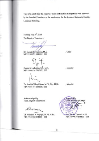 This is to certifu that the Sarjana's thesis of Lulman Hidayat has been approved
by the Board of Examiners as the requirement for the degree of Sarjana in English
Language Teaching.

Malang, May 66,2013
The Board of Examiners:

M.A.

Dr. Gunadi
198601

I

,

Chair

001

rH,
Evynurul Lwly Zen, S.S., M.A.
NrP 19840s14 201012 2 002

, Member

M.Pd, Dip. TESL
Dr.
NrP 195011A4197603 2 001

,

Acknowledged by
Head, English Department

Member

6X
9ff/,

fi-ro.-"-

'ta7

l..'a

Dr. Johannerfiluro*o, M.Pd, M.Ed.
NIP 19581028 198601 1 001

NrP 19590610 198s03

11

1 005

 