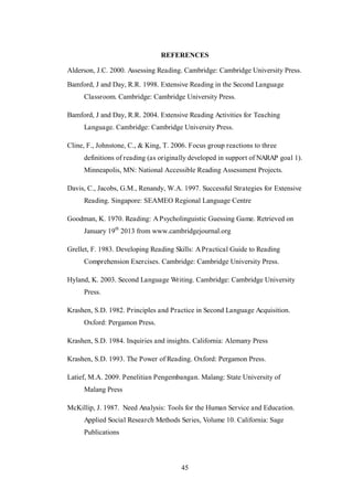 REFERENCES
Alderson, J.C. 2000. Assessing Reading. Cambridge: Cambridge University Press.
Bamford, J and Day, R.R. 1998. Extensive Reading in the Second Language
Classroom. Cambridge: Cambridge University Press.
Bamford, J and Day, R.R. 2004. Extensive Reading Activities for Teaching
Language. Cambridge: Cambridge University Press.
Cline, F., Johnstone, C., & King, T. 2006. Focus group reactions to three
definitions of reading (as originally developed in support of NARAP goal 1).
Minneapolis, MN: National Accessible Reading Assessment Projects.
Davis, C., Jacobs, G.M., Renandy, W.A. 1997. Successful Strategies for Extensive
Reading. Singapore: SEAMEO Regional Language Centre
Goodman, K. 1970. Reading: A Psycholinguistic Guessing Game. Retrieved on
January 19th 2013 from www.cambridgejournal.org
Grellet, F. 1983. Developing Reading Skills: A Practical Guide to Reading
Comprehension Exercises. Cambridge: Cambridge University Press.
Hyland, K. 2003. Second Language Writing. Cambridge: Cambridge University
Press.
Krashen, S.D. 1982. Principles and Practice in Second Language Acquisition.
Oxford: Pergamon Press.
Krashen, S.D. 1984. Inquiries and insights. California: Alemany Press
Krashen, S.D. 1993. The Power of Reading. Oxford: Pergamon Press.
Latief, M.A. 2009. Penelitian Pengembangan. Malang: State University of
Malang Press
McKillip, J. 1987. Need Analysis: Tools for the Human Service and Education.
Applied Social Research Methods Series, Volume 10. California: Sage
Publications

45

 