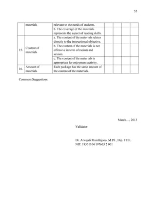 55

materials

15.

Content of
materials

16.

Amount of
materials

relevant to the needs of students.
b. The coverage of the materials
represents the aspect of reading skills.
a. The content of the materials relates
directly to the instructional objective.
b. The content of the materials is not
offensive in term of racism and
sexism.
c. The content of the materials is
appropriate for enjoyment activity.
Each package has the same amount of
the content of the materials.

Comment/Suggestions:

March…, 2013
Validator

Dr. Arwijati Murdibjono, M.Pd., Dip. TESL
NIP. 19501104 197603 2 001

 