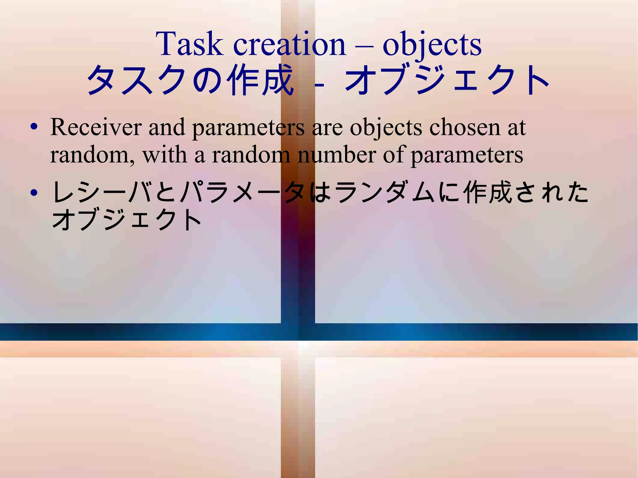 Task creation – objects タスクの作成  -  オブジェクト Receiver and parameters are objects chosen at random, with a random number of parameters レシーバとパラメータはランダムに作成されたオブジェクト 