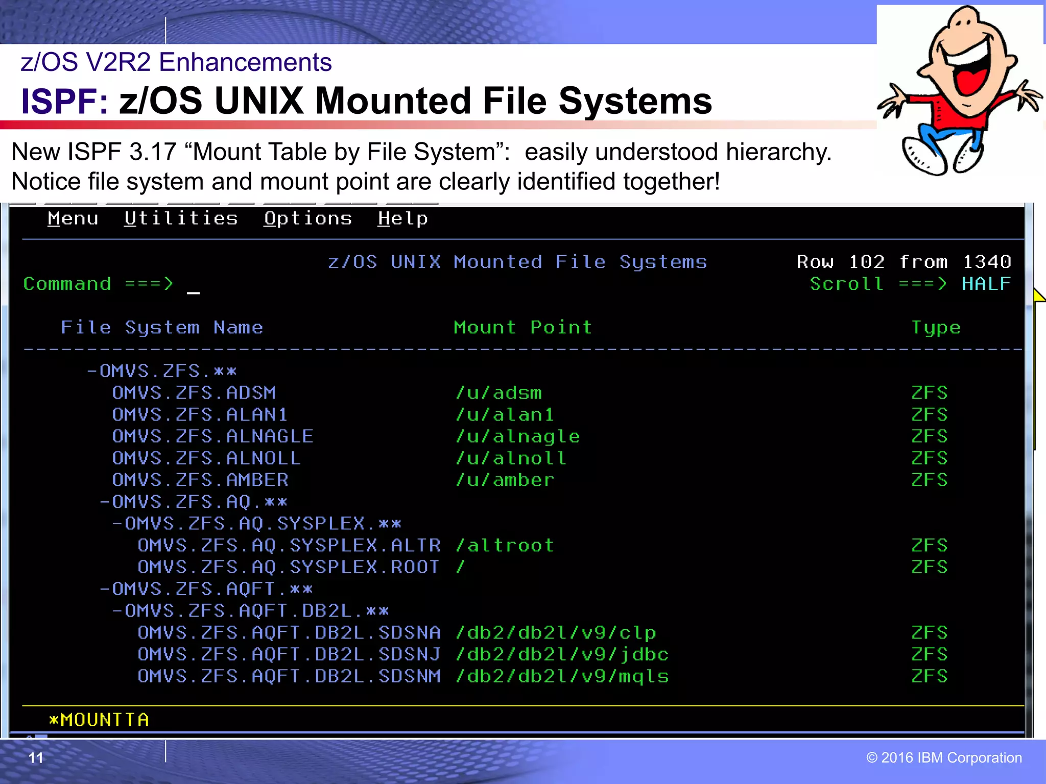 © 2016 IBM Corporation11
z/OS V2R2 Enhancements
ISPF: z/OS UNIX Mounted File Systems
New ISPF 3.17 “Mount Table by File System”: easily understood hierarchy.
Notice file system and mount point are clearly identified together!
 