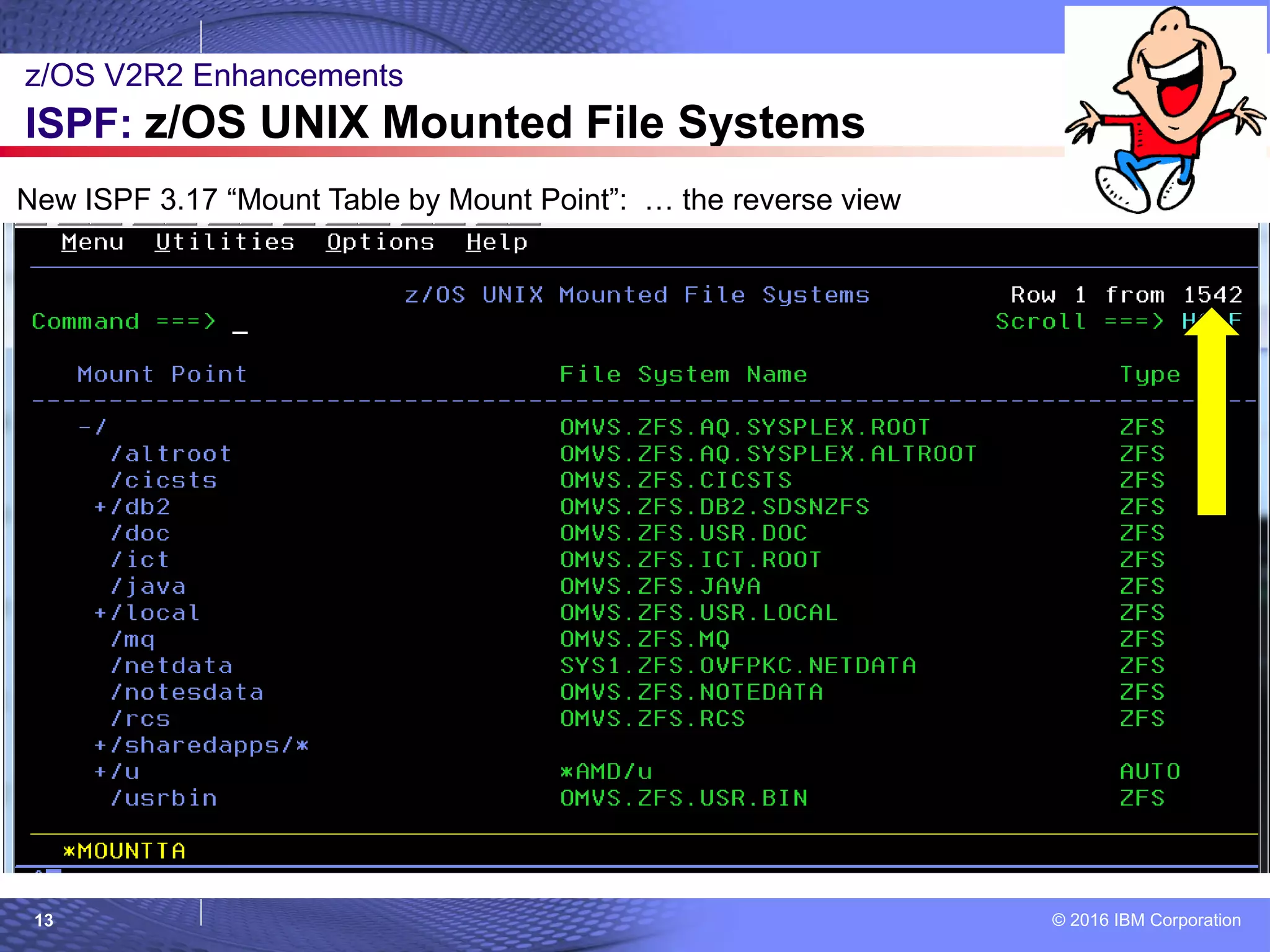 © 2016 IBM Corporation13
New ISPF 3.17 “Mount Table by Mount Point”: … the reverse view
z/OS V2R2 Enhancements
ISPF: z/OS UNIX Mounted File Systems
 