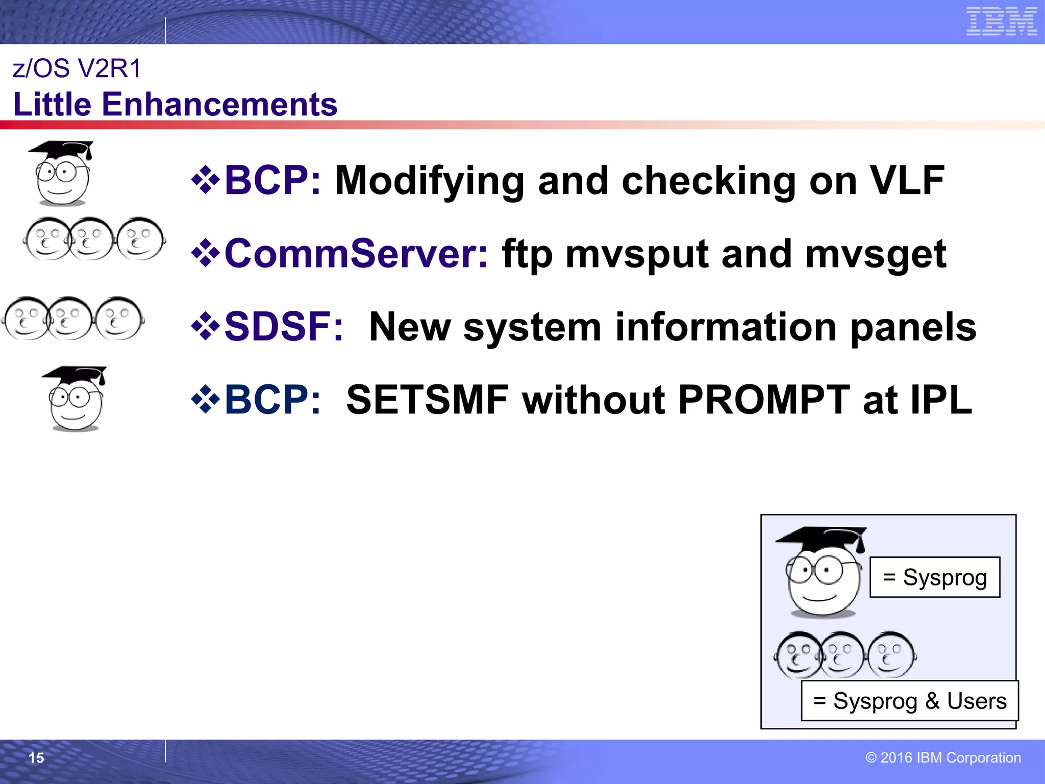 © 2016 IBM Corporation15
© 2007 IBM Corporation
z/OS V2R1
Little Enhancements
= Sysprog
= Sysprog & Users
BCP: Modifying and checking on VLF
CommServer: ftp mvsput and mvsget
SDSF: New system information panels
BCP: SETSMF without PROMPT at IPL
 