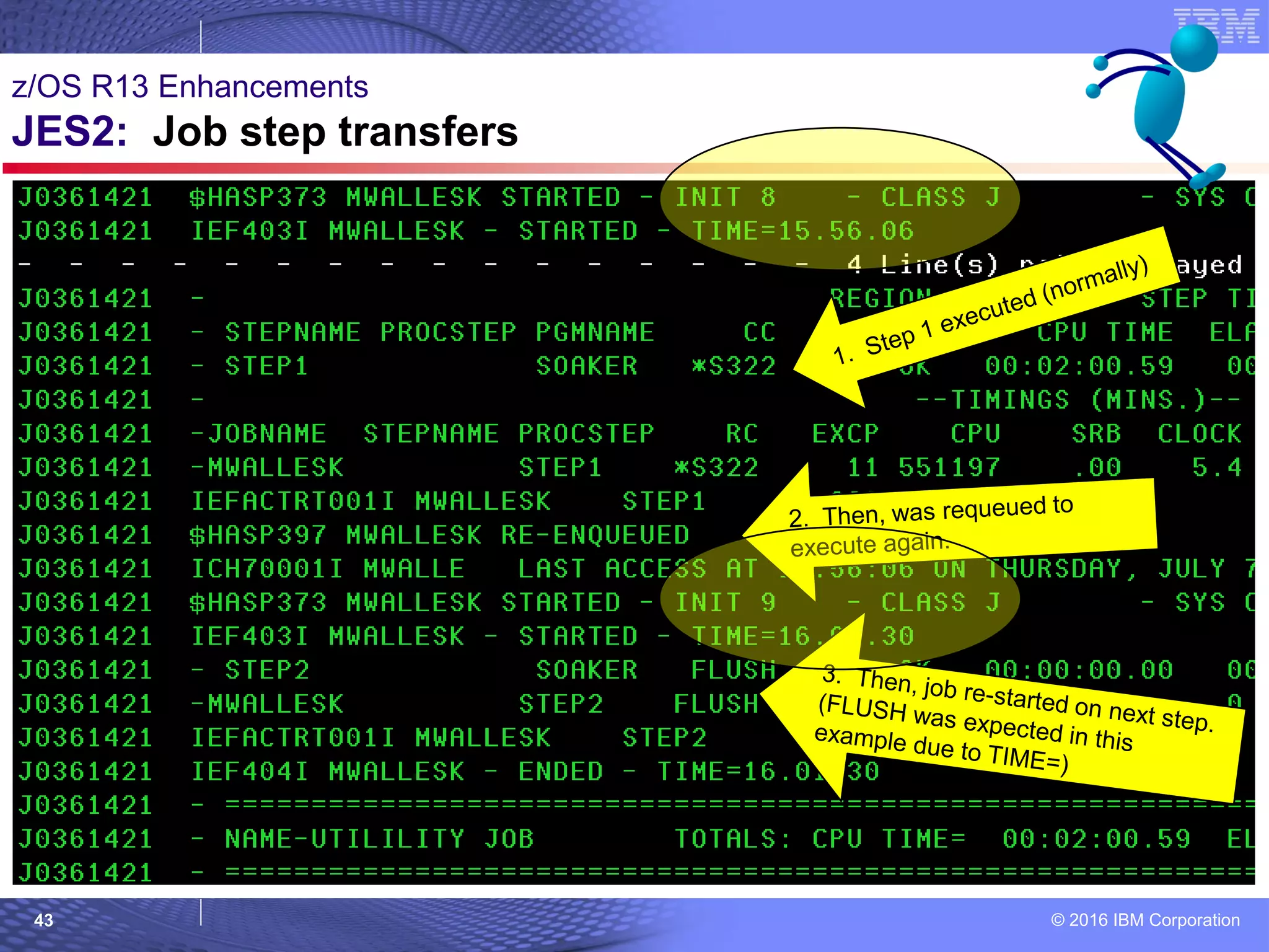 © 2016 IBM Corporation43
z/OS R13 Enhancements
JES2: Job step transfers
 