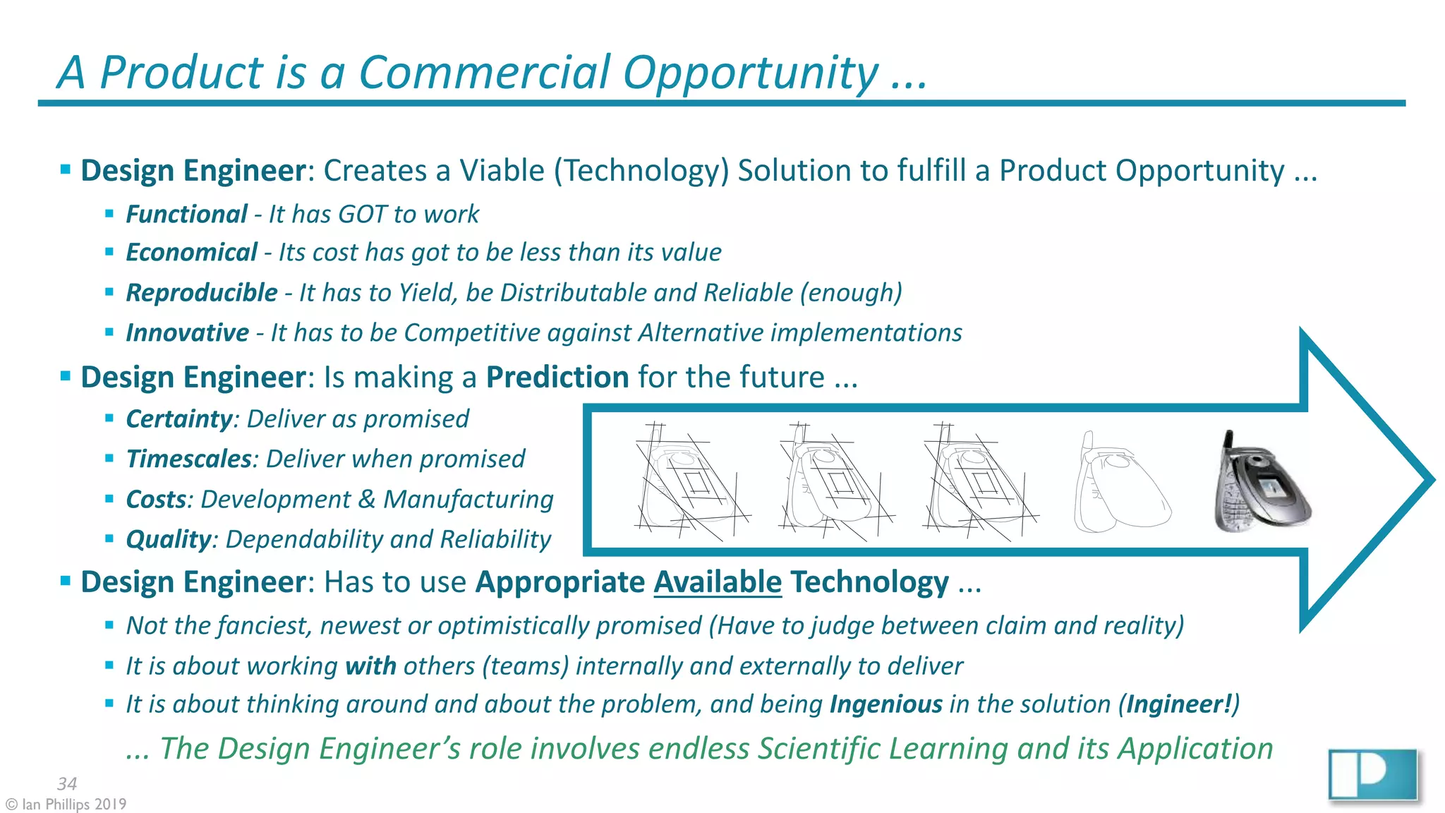 34
© Ian Phillips 2019
A Product is a Commercial Opportunity ...
§ Design Engineer: Creates a Viable (Technology) Solution to fulfill a Product Opportunity ...
§ Functional - It has GOT to work
§ Economical - Its cost has got to be less than its value
§ Reproducible - It has to Yield, be Distributable and Reliable (enough)
§ Innovative - It has to be Competitive against Alternative implementations
§ Design Engineer: Is making a Prediction for the future ...
§ Certainty: Deliver as promised
§ Timescales: Deliver when promised
§ Costs: Development & Manufacturing
§ Quality: Dependability and Reliability
§ Design Engineer: Has to use Appropriate Available Technology ...
§ Not the fanciest, newest or optimistically promised (Have to judge between claim and reality)
§ It is about working with others (teams) internally and externally to deliver
§ It is about thinking around and about the problem, and being Ingenious in the solution (Ingineer!)
... The Design Engineer’s role involves endless Scientific Learning and its Application
 