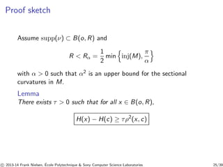 Proof sketch 
Assume supp(ν) ⊂ B(o, R) and 
R  Rα = 
1 
2 
minninj(M), 
π 
αo 
with α  0 such that α2 is an upper bound for the sectional 
curvatures in M. 
Lemma 
There exists τ  0 such that for all x ∈ B(o, R), 
H(x) − H(c) ≥ τρ2(x, c) 
c 
 2013-14 Frank Nielsen, ´E 
cole Polytechnique  Sony Computer Science Laboratories 25/39 
 
