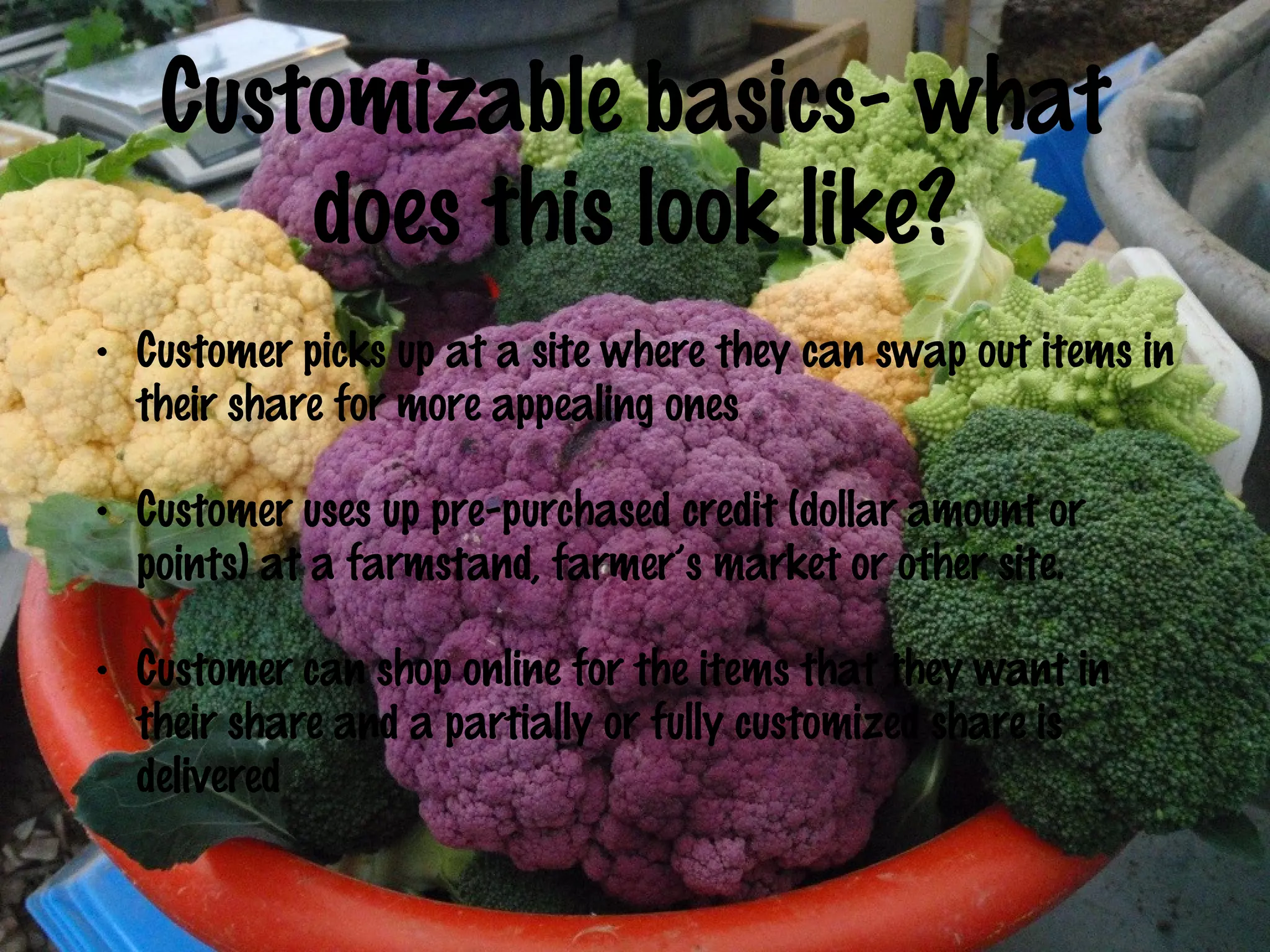 Customizable basics- what
does this look like?
•

Customer picks up at a site where they can swap out items in
their share for more appealing ones

•

Customer uses up pre-purchased credit (dollar amount or
points) at a farmstand, farmer’s market or other site.

•

Customer can shop online for the items that they want in
their share and a partially or fully customized share is
delivered

 