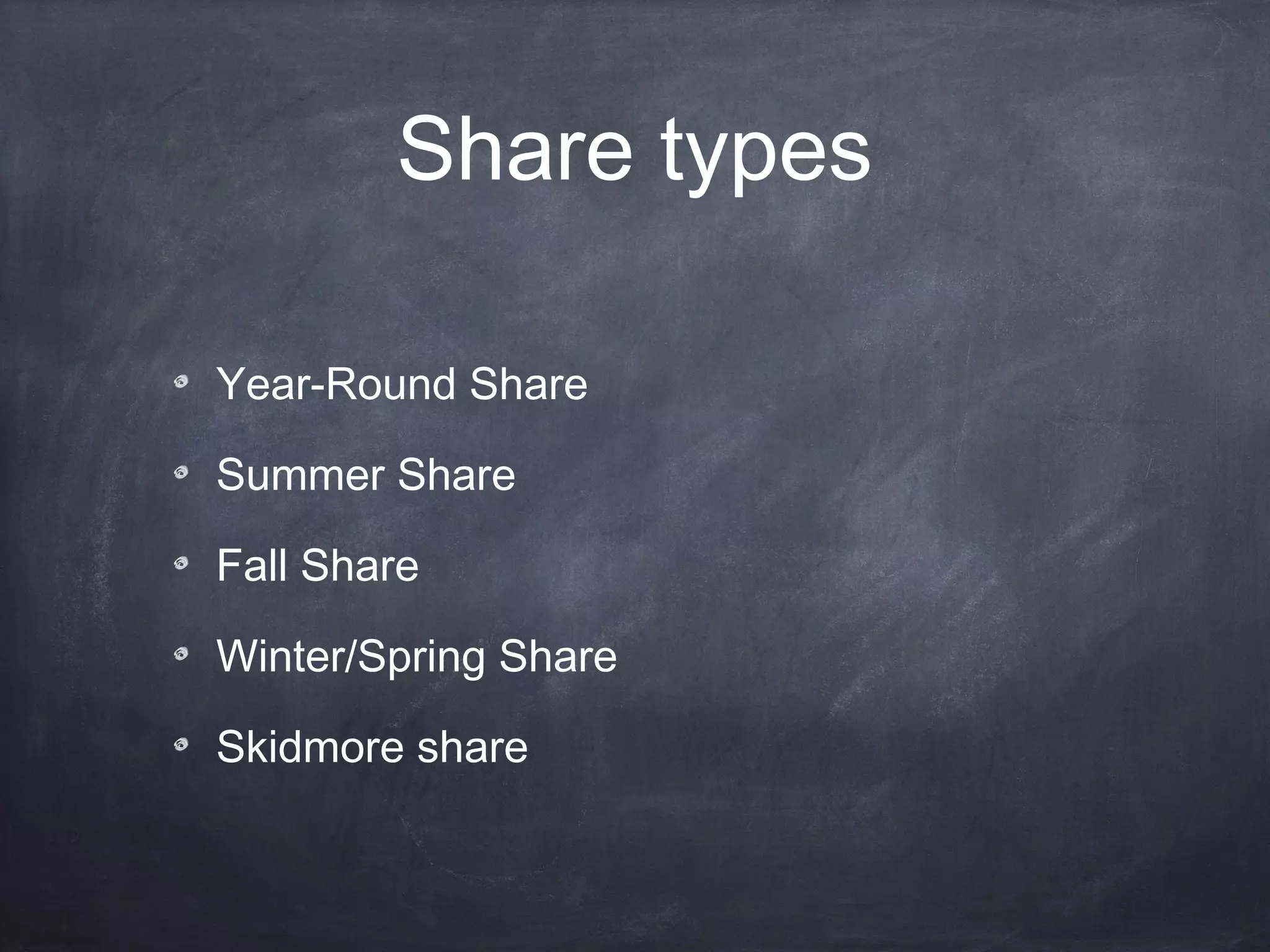 Share types
Year-Round Share
Summer Share
Fall Share
Winter/Spring Share
Skidmore share

 