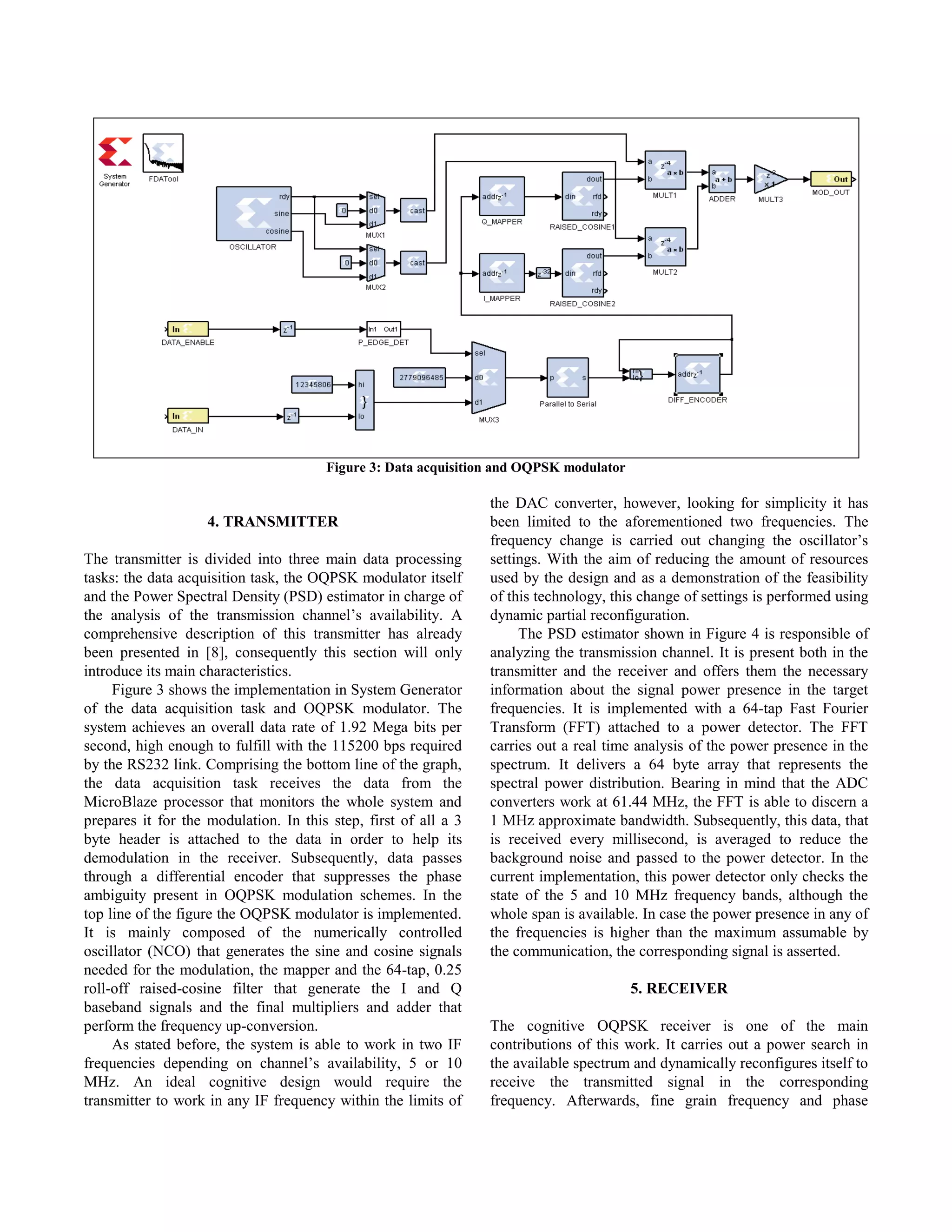 Figure 3: Data acquisition and OQPSK modulator

                                                                 the DAC converter, however, looking for simplicity it has
                    4. TRANSMITTER                               been limited to the aforementioned two frequencies. The
                                                                 frequency change is carried out changing the oscillator‟s
The transmitter is divided into three main data processing       settings. With the aim of reducing the amount of resources
tasks: the data acquisition task, the OQPSK modulator itself     used by the design and as a demonstration of the feasibility
and the Power Spectral Density (PSD) estimator in charge of      of this technology, this change of settings is performed using
the analysis of the transmission channel‟s availability. A       dynamic partial reconfiguration.
comprehensive description of this transmitter has already             The PSD estimator shown in Figure 4 is responsible of
been presented in [8], consequently this section will only       analyzing the transmission channel. It is present both in the
introduce its main characteristics.                              transmitter and the receiver and offers them the necessary
     Figure 3 shows the implementation in System Generator       information about the signal power presence in the target
of the data acquisition task and OQPSK modulator. The            frequencies. It is implemented with a 64-tap Fast Fourier
system achieves an overall data rate of 1.92 Mega bits per       Transform (FFT) attached to a power detector. The FFT
second, high enough to fulfill with the 115200 bps required      carries out a real time analysis of the power presence in the
by the RS232 link. Comprising the bottom line of the graph,      spectrum. It delivers a 64 byte array that represents the
the data acquisition task receives the data from the             spectral power distribution. Bearing in mind that the ADC
MicroBlaze processor that monitors the whole system and          converters work at 61.44 MHz, the FFT is able to discern a
prepares it for the modulation. In this step, first of all a 3   1 MHz approximate bandwidth. Subsequently, this data, that
byte header is attached to the data in order to help its         is received every millisecond, is averaged to reduce the
demodulation in the receiver. Subsequently, data passes          background noise and passed to the power detector. In the
through a differential encoder that suppresses the phase         current implementation, this power detector only checks the
ambiguity present in OQPSK modulation schemes. In the            state of the 5 and 10 MHz frequency bands, although the
top line of the figure the OQPSK modulator is implemented.       whole span is available. In case the power presence in any of
It is mainly composed of the numerically controlled              the frequencies is higher than the maximum assumable by
oscillator (NCO) that generates the sine and cosine signals      the communication, the corresponding signal is asserted.
needed for the modulation, the mapper and the 64-tap, 0.25
roll-off raised-cosine filter that generate the I and Q                                 5. RECEIVER
baseband signals and the final multipliers and adder that
perform the frequency up-conversion.                             The cognitive OQPSK receiver is one of the main
     As stated before, the system is able to work in two IF      contributions of this work. It carries out a power search in
frequencies depending on channel‟s availability, 5 or 10         the available spectrum and dynamically reconfigures itself to
MHz. An ideal cognitive design would require the                 receive the transmitted signal in the corresponding
transmitter to work in any IF frequency within the limits of     frequency. Afterwards, fine grain frequency and phase
 