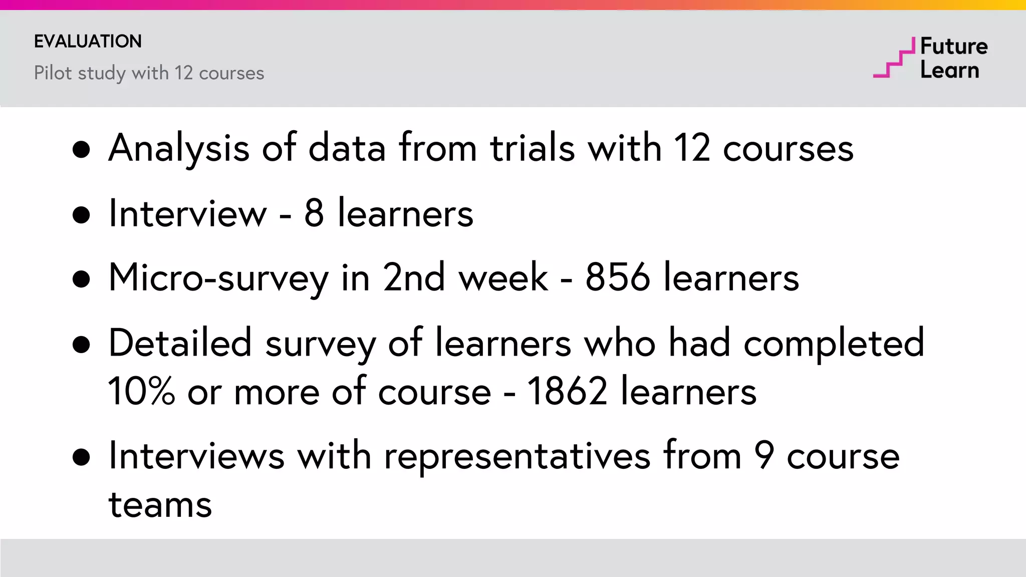 Asynchronous discussions for the duration the course
STUDY GROUPS
Discussion in parallel to the main course
Educator:
● can broadcast a prompt to all groups
● can see a list of groups and basic activity
● can enter any group to see the conversation and
post, reply, like
 