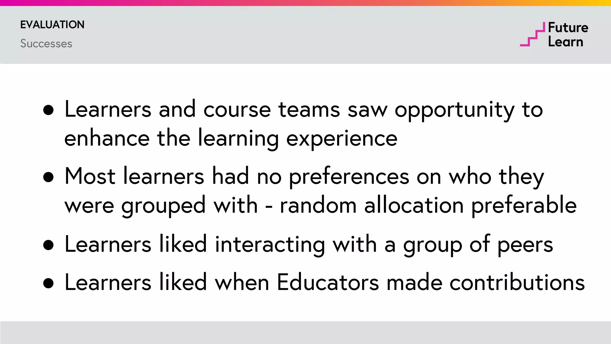 Group members
Add to group discussion
Broadcast educator prompt
Learner contribution
Educator response
Option to leave group
 