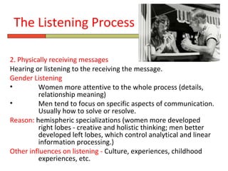 The Listening Process

2. Physically receiving messages
Hearing or listening to the receiving the message.
Gender Listening
•        Women more attentive to the whole process (details,
         relationship meaning)
•        Men tend to focus on specific aspects of communication.
         Usually how to solve or resolve.
Reason: hemispheric specializations (women more developed
         right lobes - creative and holistic thinking; men better
         developed left lobes, which control analytical and linear
         information processing.)
Other influences on listening - Culture, experiences, childhood
         experiences, etc.
 