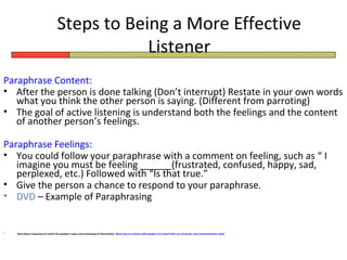 Steps to Being a More Effective
                                                Listener
Paraphrase Content:
• After the person is done talking (Don’t interrupt) Restate in your own words
   what you think the other person is saying. (Different from parroting)
• The goal of active listening is understand both the feelings and the content
   of another person’s feelings.

Paraphrase Feelings:
• You could follow your paraphrase with a comment on feeling, such as “ I
   imagine you must be feeling ______(frustrated, confused, happy, sad,
   perplexed, etc.) Followed with “Is that true.”
• Give the person a chance to respond to your paraphrase.
• DVD – Example of Paraphrasing


•   Slow down responses to match the speaker’s pace and processing of information. (Best way to connect with people is to match their use of words, and communication style)
 