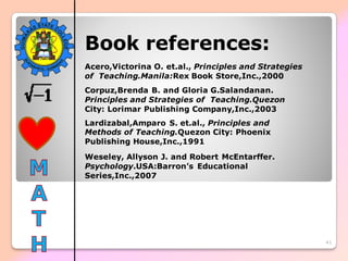 41
Book references:
Acero,Victorina O. et.al., Principles and Strategies
of Teaching.Manila:Rex Book Store,Inc.,2000
Corpuz,Brenda B. and Gloria G.Salandanan.
Principles and Strategies of Teaching.Quezon
City: Lorimar Publishing Company,Inc.,2003
Lardizabal,Amparo S. et.al., Principles and
Methods of Teaching.Quezon City: Phoenix
Publishing House,Inc.,1991
Weseley, Allyson J. and Robert McEntarffer.
Psychology.USA:Barron’s Educational
Series,Inc.,2007
 