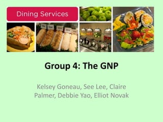 Group 4: The GNP
Kelsey Goneau, See Lee, Claire
Palmer, Debbie Yao, Elliot Novak
 
