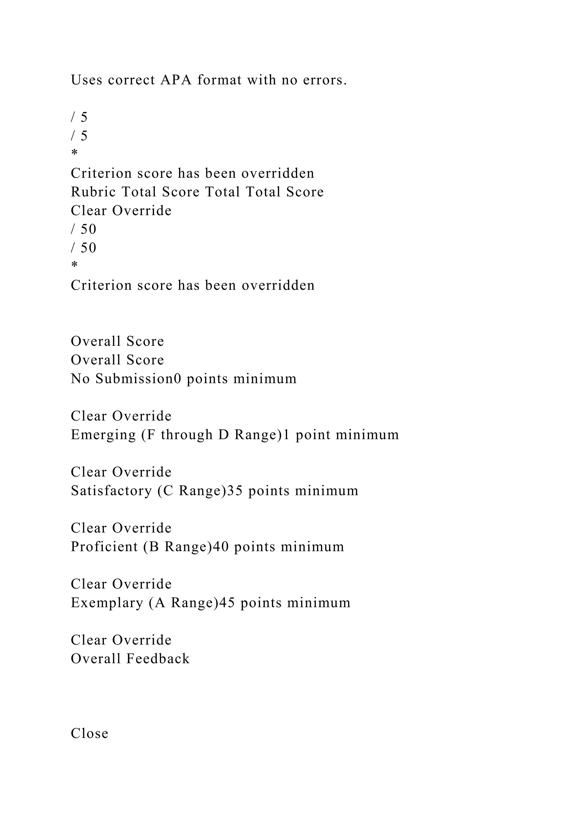 Uses correct APA format with no errors.
/ 5
/ 5
*
Criterion score has been overridden
Rubric Total Score Total Total Score
Clear Override
/ 50
/ 50
*
Criterion score has been overridden
Overall Score
Overall Score
No Submission0 points minimum
Clear Override
Emerging (F through D Range)1 point minimum
Clear Override
Satisfactory (C Range)35 points minimum
Clear Override
Proficient (B Range)40 points minimum
Clear Override
Exemplary (A Range)45 points minimum
Clear Override
Overall Feedback
Close
 