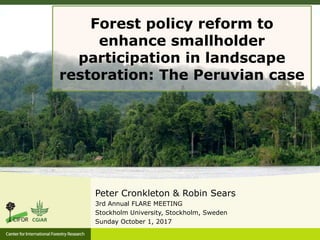 Forest policy reform to
enhance smallholder
participation in landscape
restoration: The Peruvian case
Peter Cronkleton & Robin Sears
3rd Annual FLARE MEETING
Stockholm University, Stockholm, Sweden
Sunday October 1, 2017
 