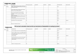 PROJECT TITLE
REVISIONS
REMARKS
1
MM/DD/YY
2
3
4
5
06
A
15/06/2022 VERSION 1.0
31/08/2022 Version1.1 updated calc sheets , added roof pitch and Extra scene
07/10/2022 Version 1.2 Updated all calculation sheets with clearer instruction
18/10/2022 Updated missing measurements on Plan View
_ _ /_ _ /_ _ ...
CPCCOM3001 Perform Construction Calculations to Determine Carpentry
Material Requirements
ITEM DESCRIPTION UNIT (sqm,cum,m,No) QUANTITY WASTE % ORDER COSTS PER UNIT TOTAL COSTS
FRAME
90x35 for frame including studs, plates, trimmers and
noggins. Include the 2 Gable wall frames. How many 6
meter lengths required?
m $5.70
90x45 for Ribbon plate and support studs for lintles,
again how many 6m lengths required? m $9.85
Brace Ply wood Untreated F8. Sheets required? No $57.60
200x42mm Lvl Lintle. How many 5.4m Lengths
required?
m $33.20
Battens Green sawn for temporary bracing. How many
bundles of 8 required?
No $74.11
Stud ties. How many required? Discuss this with your
Trainer and class.
No $2.00
metal Strap Bracing. How many 30m rolls required? No $55.00
Nails/Fixings ( This is rounded up guess) No 1 1 $300 $300.00
labour for 2 Carpenters per hours No $65
TIMBER WALL FRAME
Fill out each calculation sheet and the up load photo to Readyskills for marking by trainer
ITEM DESCRIPTION UNIT (sqm,cum,m,No) QUANTITY WASTE % ORDER COSTS PER UNIT TOTAL COSTS
ROOF 170x42 Lvl Rafters. How many 6m Lengths required? m $22.70
200x42 Lvl Ridge. How many 7.2m Lengths required? m $33.20
90x45 Ceiling Joists and Gable Trimmers. How many
6m Lengths required?
m $9.85
Nails and fixings No 1 1 $300 $300.00
metal Strap Bracing. How many 30m rolls required? No $55.00
Multi grips/triple grips. Required? Discuss with
trainer and class.
No $2.00
labour for 2 Carpenters per hours No $65.00
TIMBER ROOF
E
F
 