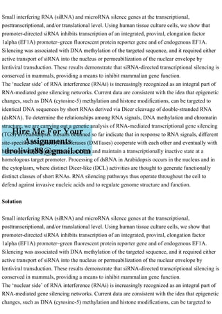 Small interfering RNA (siRNA) and microRNA silence genes at the transcriptional,
posttranscriptional, and/or translational level. Using human tissue culture cells, we show that
promoter-directed siRNA inhibits transcription of an integrated, proviral, elongation factor
1alpha (EF1A) promoter–green fluorescent protein reporter gene and of endogenous EF1A.
Silencing was associated with DNA methylation of the targeted sequence, and it required either
active transport of siRNA into the nucleus or permeabilization of the nuclear envelope by
lentiviral transduction. These results demonstrate that siRNA-directed transcriptional silencing is
conserved in mammals, providing a means to inhibit mammalian gene function.
The ‘nuclear side’ of RNA interference (RNAi) is increasingly recognized as an integral part of
RNA-mediated gene silencing networks. Current data are consistent with the idea that epigenetic
changes, such as DNA (cytosine-5) methylation and histone modifications, can be targeted to
identical DNA sequences by short RNAs derived via Dicer cleavage of double-stranded RNA
(dsRNA). To determine the relationships among RNA signals, DNA methylation and chromatin
structure, we are carrying out a genetic analysis of RNA-mediated transcriptional gene silencing
(TGS) in Arabidopsis. Results obtained so far indicate that in response to RNA signals, different
site-specific DNA methyltransferases (DMTases) cooperate with each other and eventually with
histone-modifying enzymes to establish and maintain a transcriptionally inactive state at a
homologous target promoter. Processing of dsRNA in Arabidopsis occurs in the nucleus and in
the cytoplasm, where distinct Dicer-like (DCL) activities are thought to generate functionally
distinct classes of short RNAs. RNA silencing pathways thus operate throughout the cell to
defend against invasive nucleic acids and to regulate genome structure and function.
Solution
Small interfering RNA (siRNA) and microRNA silence genes at the transcriptional,
posttranscriptional, and/or translational level. Using human tissue culture cells, we show that
promoter-directed siRNA inhibits transcription of an integrated, proviral, elongation factor
1alpha (EF1A) promoter–green fluorescent protein reporter gene and of endogenous EF1A.
Silencing was associated with DNA methylation of the targeted sequence, and it required either
active transport of siRNA into the nucleus or permeabilization of the nuclear envelope by
lentiviral transduction. These results demonstrate that siRNA-directed transcriptional silencing is
conserved in mammals, providing a means to inhibit mammalian gene function.
The ‘nuclear side’ of RNA interference (RNAi) is increasingly recognized as an integral part of
RNA-mediated gene silencing networks. Current data are consistent with the idea that epigenetic
changes, such as DNA (cytosine-5) methylation and histone modifications, can be targeted to
 