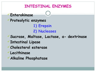 INTESTINAL ENZYMES

 Enterokinase
 Proteolytic enzymes
               1) Erepsin
               2) Nucleases
 Sucrase, Maltase, Lactase, α- dextrinase
 Intestinal Lipase
 Cholesterol esterase
 Lecithinase
 Alkaline Phosphatase
 