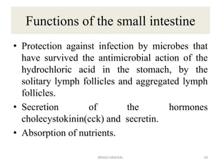 • Protection against infection by microbes that
have survived the antimicrobial action of the
hydrochloric acid in the stomach, by the
solitary lymph follicles and aggregated lymph
follicles.
• Secretion of the hormones
cholecystokinin(cck) and secretin.
• Absorption of nutrients.
Functions of the small intestine
54
BRISSO ARACKAL
 