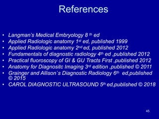 References
• Langman’s Medical Embryology 8 th ed
• Applied Radiologic anatomy 1st ed, published 1999
• Applied Radiologic anatomy 2nd ed, published 2012
• Fundamentals of diagnostic radiology 4th ed ,published 2012
• Practical fluoroscopy of GI & GU Tracts First ,published 2012
• Anatomy for Diagnositc Imaging 3rd edition ,published © 2011
• Grainger and Allison`s Diagnostic Radiology 6th ed,published
© 2015
• CAROL DIAGNOSTIC ULTRASOUND 5th ed,published © 2018
45
 