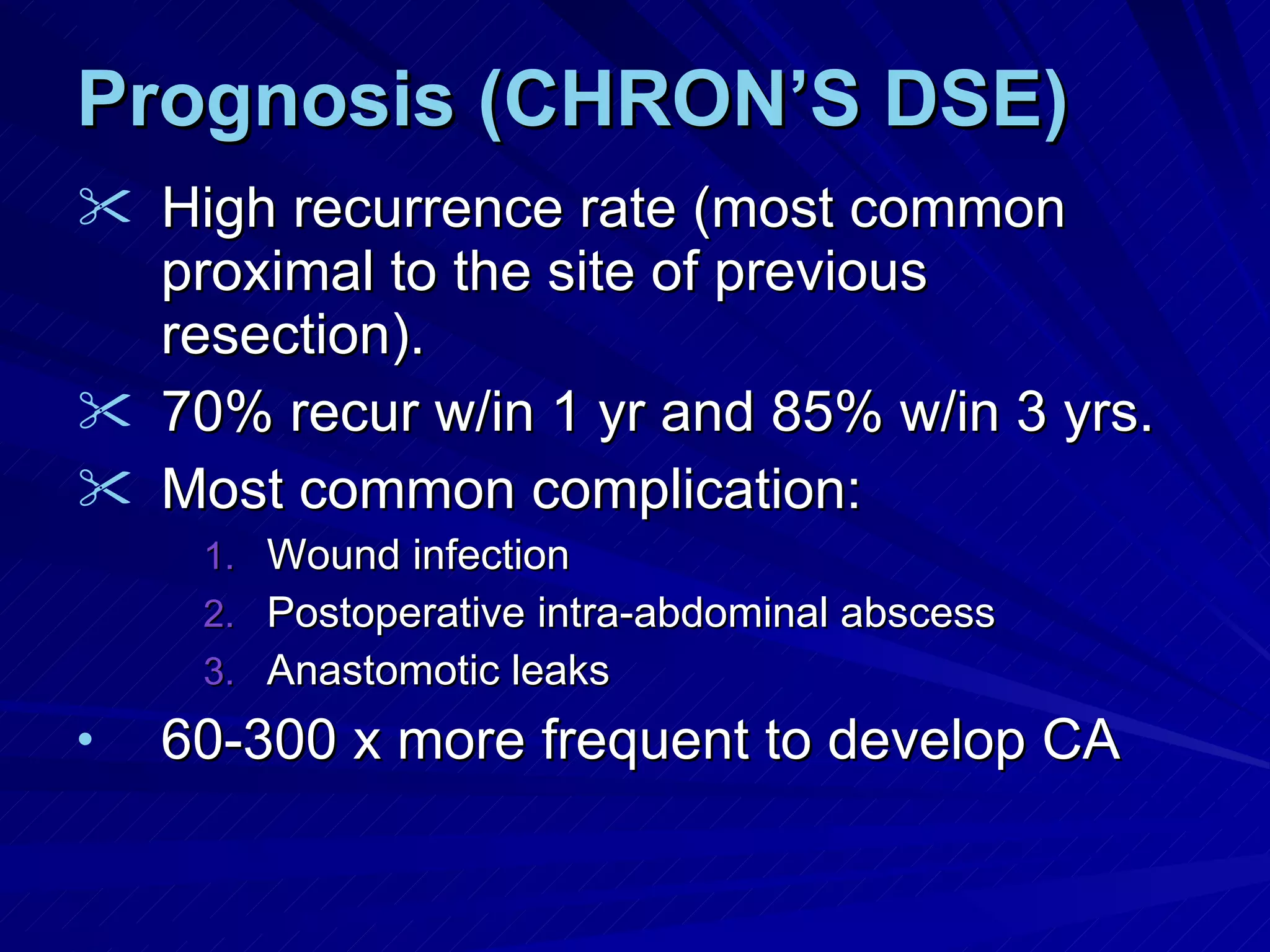 Prognosis (CHRON’S DSE) High recurrence rate (most common proximal to the site of previous resection). 70% recur w/in 1 yr and 85% w/in 3 yrs. Most common complication: Wound infection Postoperative intra-abdominal abscess Anastomotic leaks 60-300 x more frequent to develop CA 