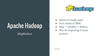 Apache Hadoop
● Based on Google paper
● First release in 2006!
● Map -> (shuffle) -> Reduce
● Was the beginning of many
projectsMapReduce
 