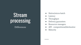 Stream
processing
● Native/micro-batch
● Latency
● Throughput
● Delivery guarantees
● Resources managers
● API - compositional/declarative
● Maturity
Differences
 
