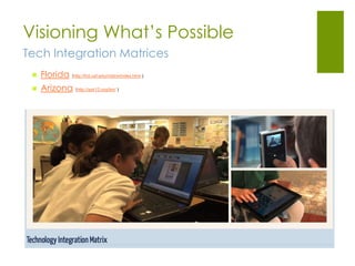 Visioning What’s Possible
Tech Integration Matrices
    Florida (http://fcit.usf.edu/matrix/index.html )
    Arizona (http://azk12.org/tim/ )
 