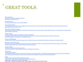 +
    GREAT TOOLS.

    http://riverdeep.net
    Resources for Teachers, Students, and Parents
    Subscribe to the Classroom Flyer

    Enchanted Learning
    Elementary School Teachers...don't miss this website!

    How to be a Web Hound
    ”The webhound will show you how to use different types of web search tools. You will be able to identify key elements of a topic search, decide the most
    appropriate approach, and then... do it!”

    Kathy Schrock’s Guide for Educators
    "Kathy Schrock's Guide for Educators is a categorized list of sites useful for enhancing curriculum and professional growth. It is updated often to include the best
    sites for teaching and learning."

    Creative Teaching
    ”Creative Teaching, teaching style, education, creativity, and teachers...
    The Creative Teaching site is a non-profit site financed by the author to help develop creative teaching and professional enthusiasm.
    Empowering teachers. Teaching as art. The teacher as artist.”

    Teacher Created Materials
    This site has lots of links for teachers including a library of teacher resources and Free Stuff with activities, brain teasers and free lesson plans.

    Blue Web’n Learning Sites Library
    Blue Web’n is a library of Blue Ribbon learning sites on the web. These sites are rated. Take a look at this part of the site for a break out of the tutorials,
    activities, projects, lesson plans, hotlists, resources and references & tools.

    Teacher Tid Bytes
    “For Bytes of information that will save you time!
    Teacher web resources, Teacher/Student tutorials, Web-Integration Lesson Plans, …”

    Teachers Net
    Lesson Plans for teachers
    ”The Teachers.Net Lesson Bank is your opportunity to share your most precious asset - your teaching ideas and lesson plans! Now your genius and creativity
    can be used to touch lives around the world, and to help teachers reach students in ways they had never imagined before! ”

    KidInfo
    Students: Homework help, reference resources, fun sites
    Young Children: Online books and reading activities, Educational Games
    Teacher Index: Web resources, Tutorials, Lesson Plans
    Parent Index: Parenting Tips, college, culinary, health, shopping, travel resources, free stuff, and more.
 