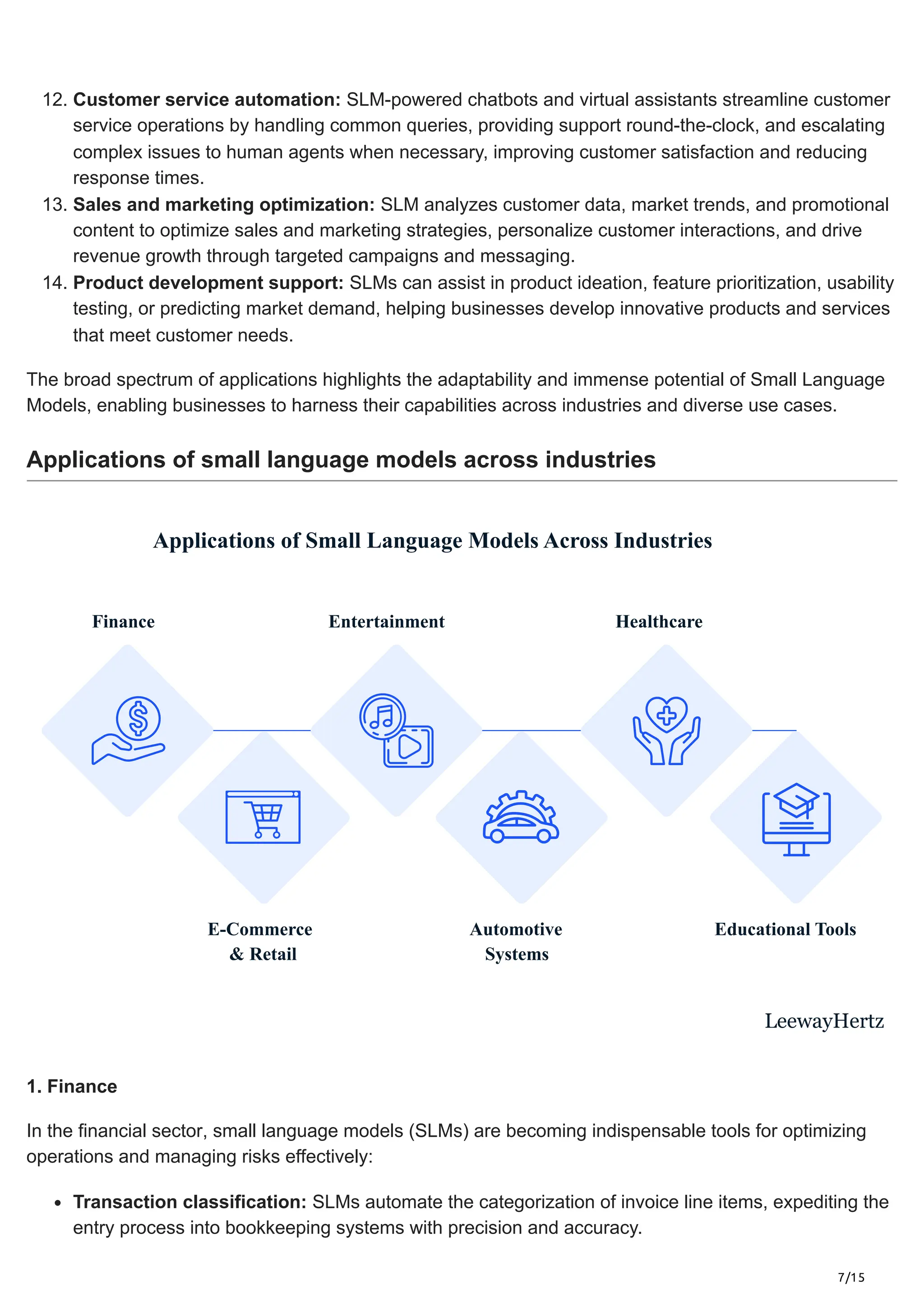 7/15
12. Customer service automation: SLM-powered chatbots and virtual assistants streamline customer
service operations by handling common queries, providing support round-the-clock, and escalating
complex issues to human agents when necessary, improving customer satisfaction and reducing
response times.
13. Sales and marketing optimization: SLM analyzes customer data, market trends, and promotional
content to optimize sales and marketing strategies, personalize customer interactions, and drive
revenue growth through targeted campaigns and messaging.
14. Product development support: SLMs can assist in product ideation, feature prioritization, usability
testing, or predicting market demand, helping businesses develop innovative products and services
that meet customer needs.
The broad spectrum of applications highlights the adaptability and immense potential of Small Language
Models, enabling businesses to harness their capabilities across industries and diverse use cases.
Applications of small language models across industries
Applications of Small Language Models Across Industries
Finance Entertainment
Automotive
Systems
Educational Tools
E-Commerce
& Retail
Healthcare
LeewayHertz
1. Finance
In the financial sector, small language models (SLMs) are becoming indispensable tools for optimizing
operations and managing risks effectively:
Transaction classification: SLMs automate the categorization of invoice line items, expediting the
entry process into bookkeeping systems with precision and accuracy.
 
