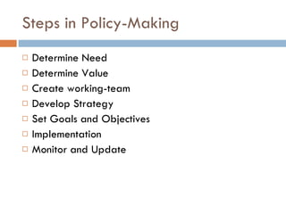 Steps in Policy-Making Determine Need Determine Value Create working-team Develop Strategy Set Goals and Objectives Implementation Monitor and Update 