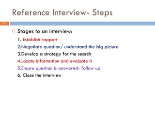 Reference Interview- Steps Stages to an interview: 1.  Establish rapport 2.Negotiate question/ understand the big picture 3.Develop a strategy for the search 4.Locate information and evaluate it 5.Ensure question is answered- follow up 6. Close the interview 