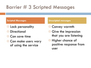 Barrier # 3 Scripted Messages Scripted Messages Unscripted messages Lack personality Directional Can save time Can make users wary of using the service Convey warmth Give the impression that you are listening Higher chance of positive response from user 