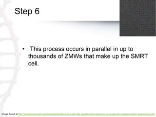 Step 6
• This process occurs in parallel in up to
thousands of ZMWs that make up the SMRT
cell.
Image found at http://esci...