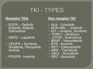 Receptor TKIs
 EGFR – Geftinib.
Erlotinib, Afatinib,
Osimertinib
 HER2 – Lapatinib
 VEGFR – Sunitinib,
Sorafenib, Pazopanib,
Axitinib
 PDGFR - Imatinib
Non receptor TKI
 ALK - Crizotinib
 BCR-ABL - Imatinib
 KIT – Imatinib, Sunitinib
 TORC1 - Sirolimus
 mTOR - Everolimus
 BRAF - Vemurafenib
 BTK - Ibrutinib
 RET - Cabozantinib
 MEK - Trametinib
 JAK2 – Ruxolitinib
 SRC - Bosutinib
 